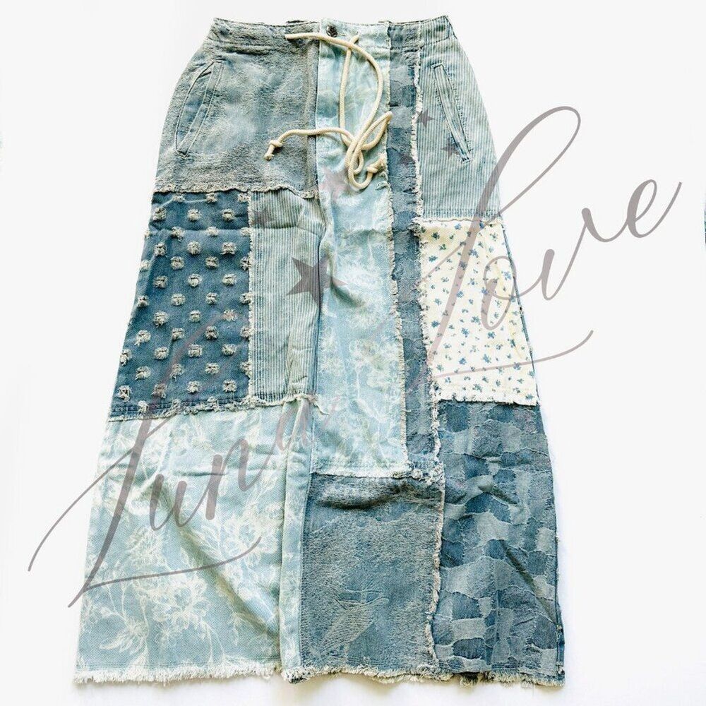POL Clothing Floral Pattern Denim Patchwork Maxi Skirt (M & L) NEW! - Picture 3 of 11
